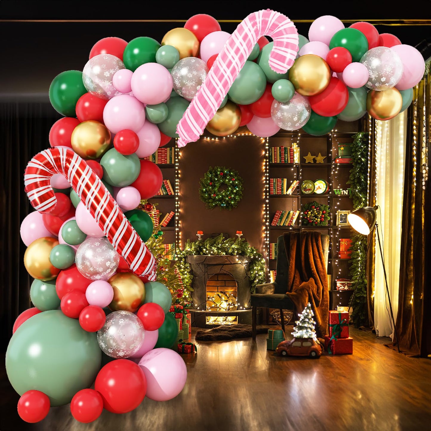Christmas Balloon Garland Arch kit for Girls, Dark Sage Green Pink Red Gold Snowflake Xmas Balloon Arch with Red Pink Candy Cane Foil Balloons Set for Women New Year Holiday Birthday Party Decorations