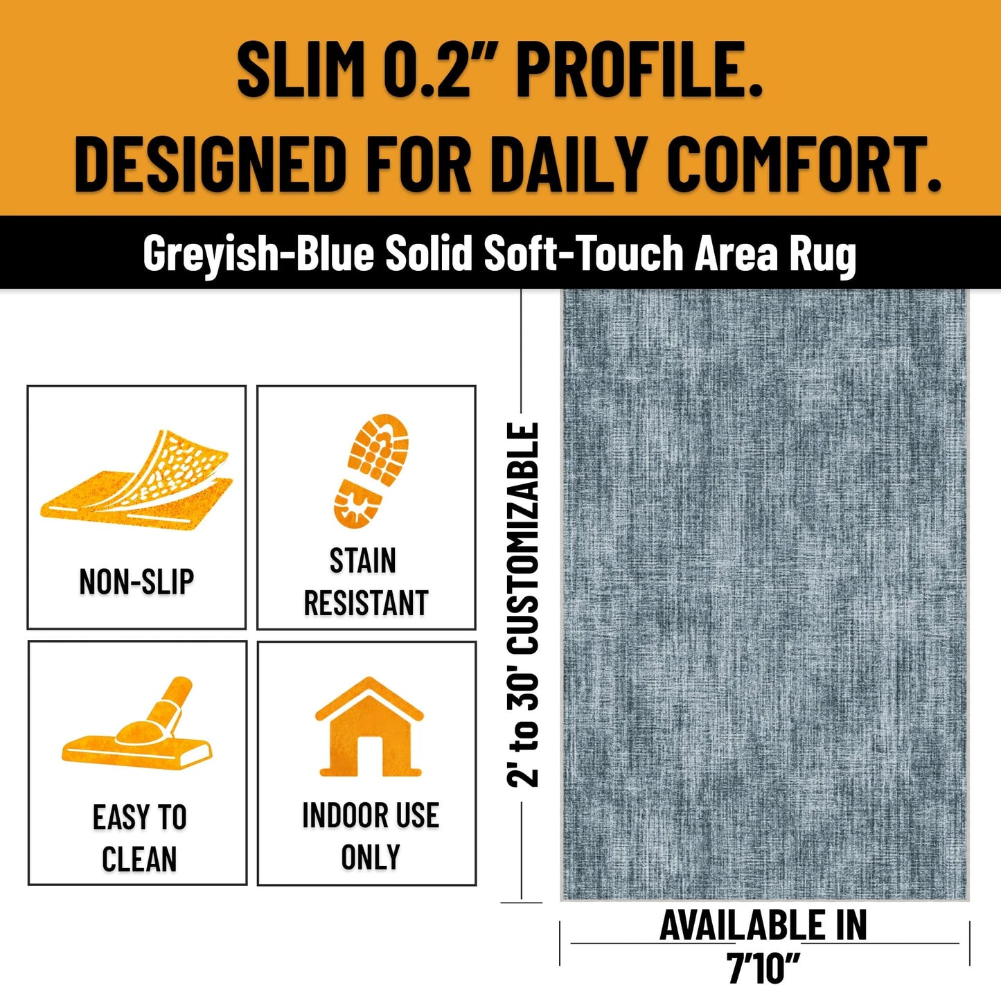 Ottomanson Area Rug 6' x 7'10" – Non-Slip Soft Rug, Easy to Clean Low Pile Carpet for Living Room, Bedroom, Dining Room or Apartment, Solid Greyish Blue
