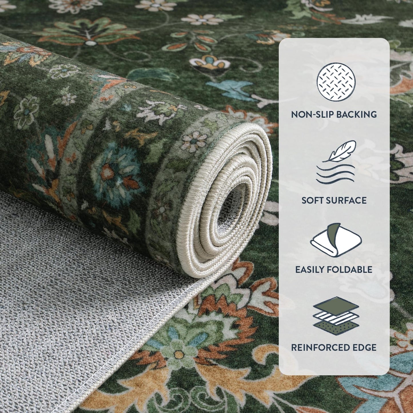 Hedlive 6' x 9' Vintage Floral Area Rug, Washable Green Living Room Rug with Non-Slip Backing, No Shedding, Stain Resistant Carpet for Bedroom Dining Room Under Table Home Office Apartment