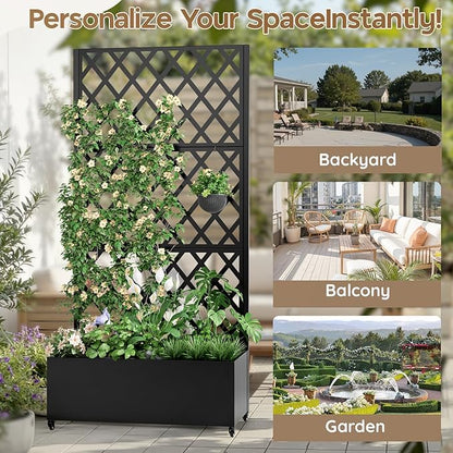 Metal Raised Garden Bed with Trellis & Wheels,72" x 35"x 15.7" Planter Box with Trellis,Privacy Planters for Patio,Garden Bed for Climbing Plants,Suitable for Climbing Plants and Vegetables,Black
