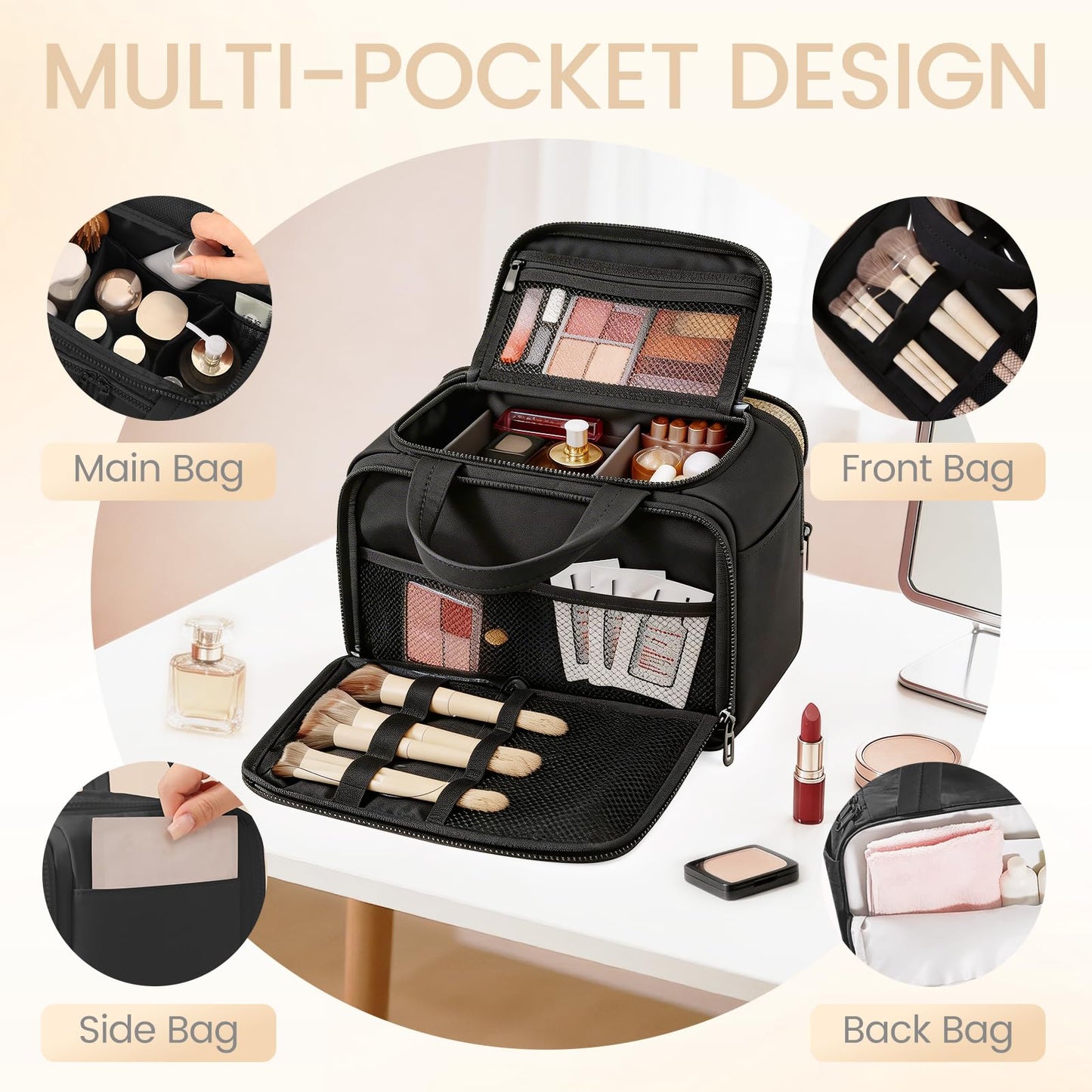 SODEER Toiletry Bag for Women Puffy Large,Travel Makeup Bag,Large Toiletry Bag with Adjustable Dividers,Waterproof Cosmetic Travel Bag with Trolley Sleeve,Toiletries Organizer,Black
