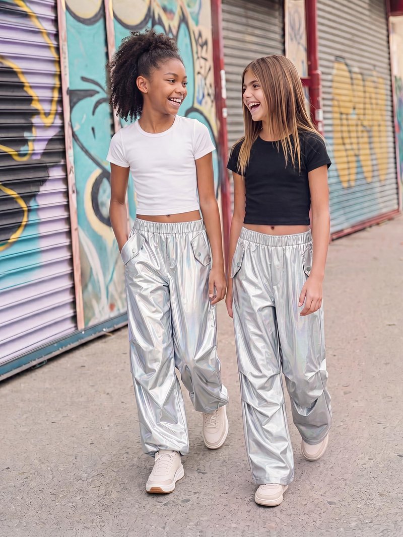 Stelle Girls Metallic Cargo Pants Shiny Hip Hop Dance Joggers Sparkly Stretchy Wide Leg Street Pants for Kids,Holograph Silver,8-9 Years