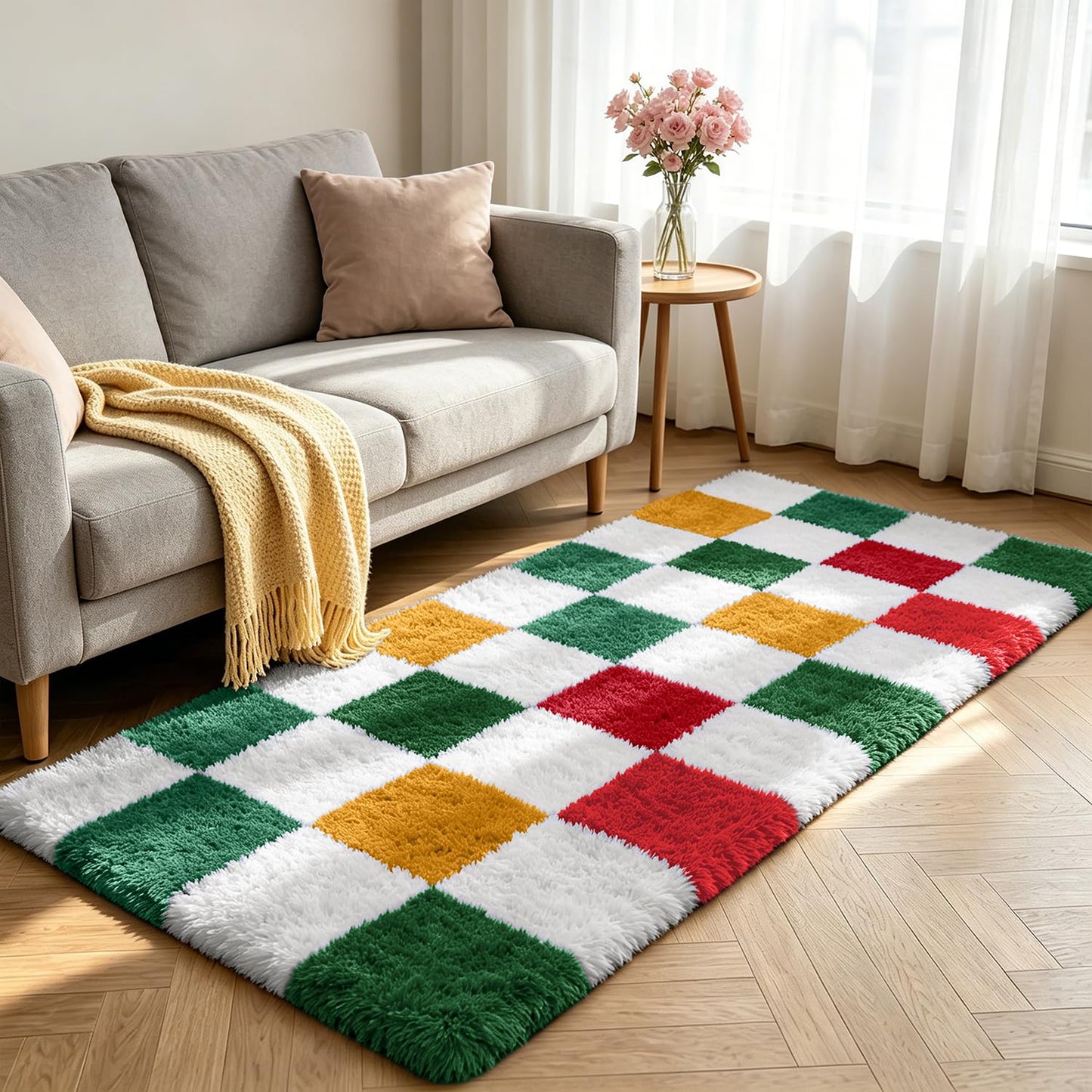 Shag Runner Rug for Bedroom Living Room 2x6 Upgrade Non-Slip Fluffy Soft Bedside Rugs,Checked Shaggy Carpet for Livingroom Dorm Home Decor Aesthetic
