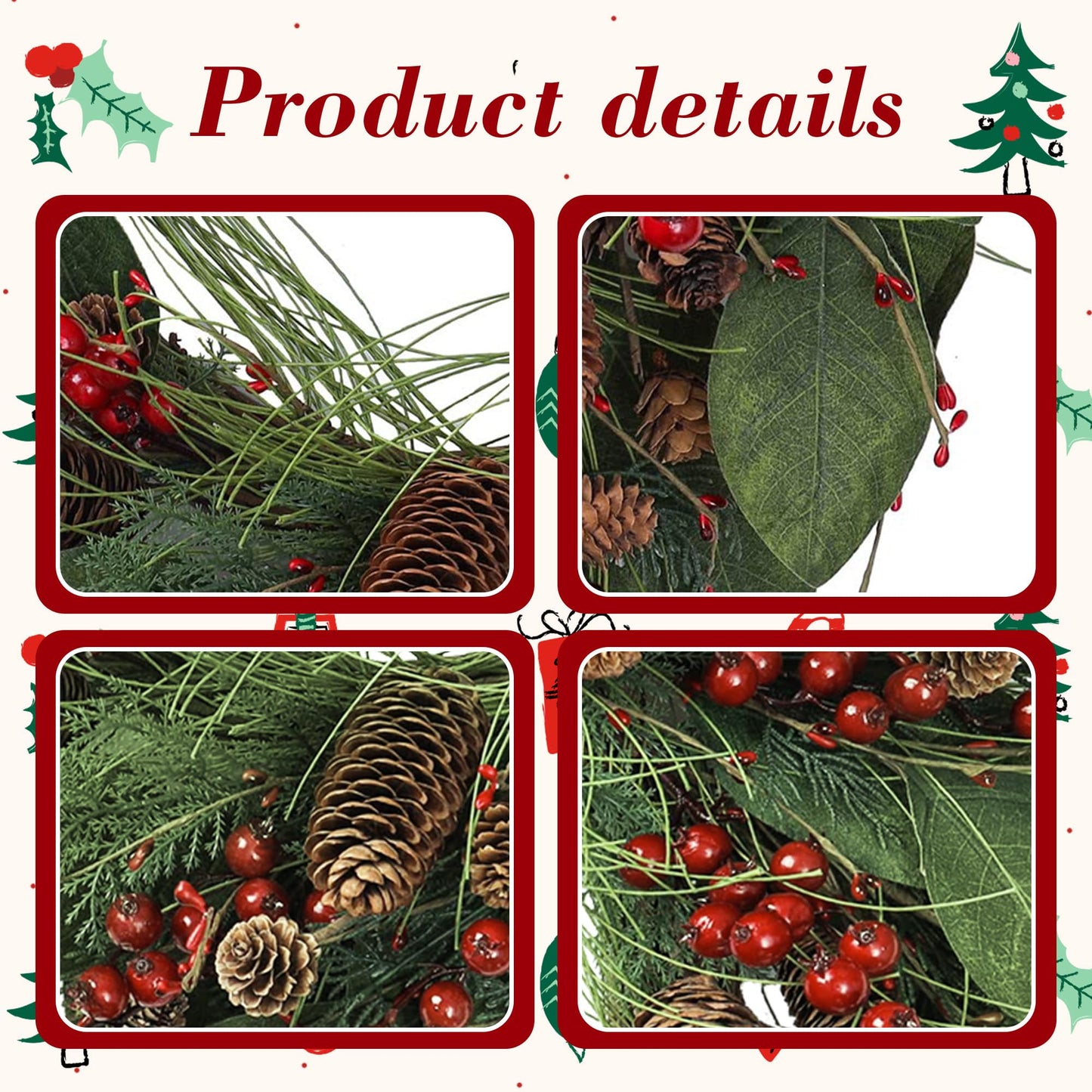 YNYLCHMX 20 Inch Winter Wreath for Front Door, Winter Wreaths with Magnolia Leaves Red Berries Pine Cones, Artificial Door Wreaths for Outdoor Indoor Farmhouse Windows Wall Holiday