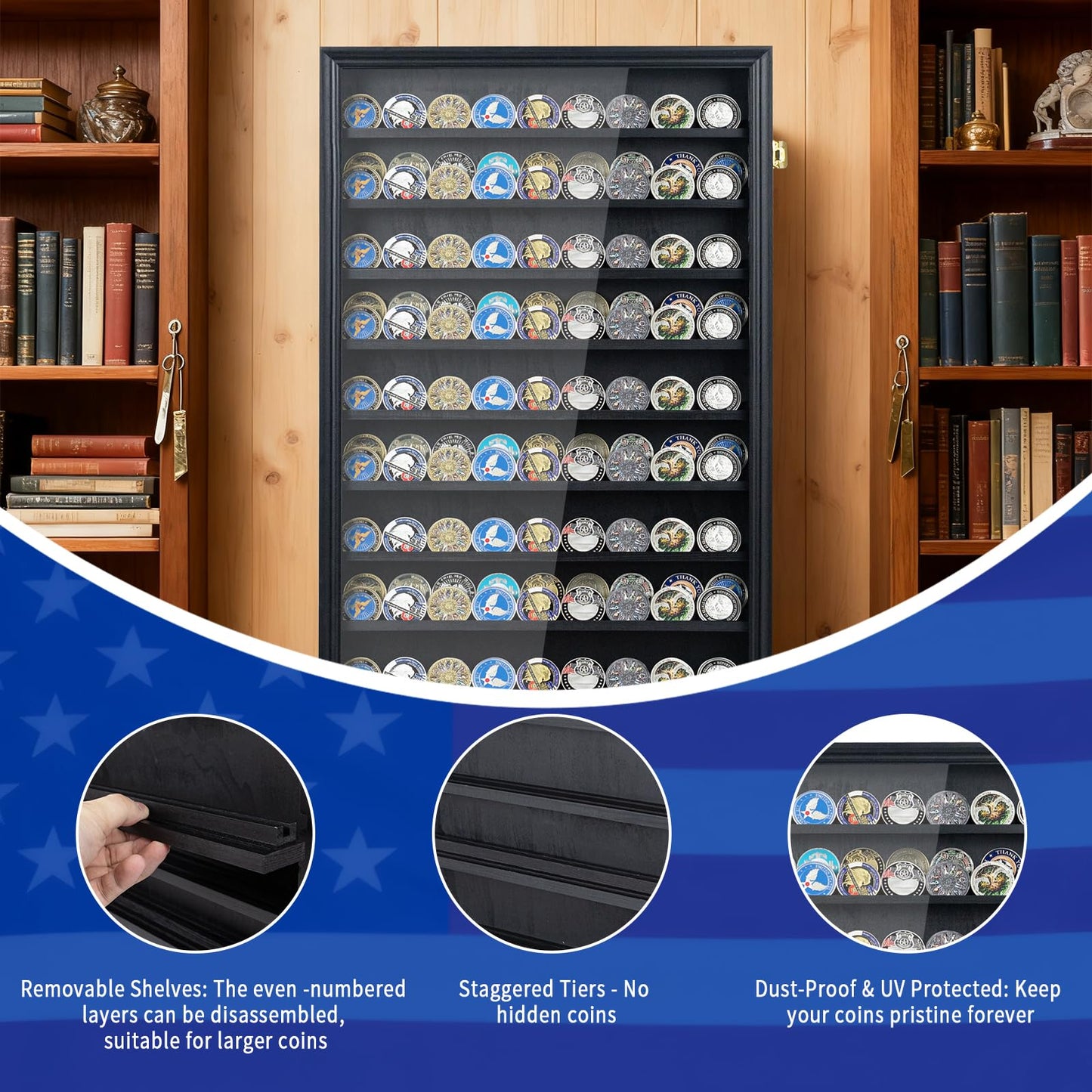 Large 11-Tier Wooden Challenge Coin Display Case, 29.1" Military Coin Holder Wall Cabinet with Removable Shelves & Lock for Collection Display, Dustproof & UV Protection, Black