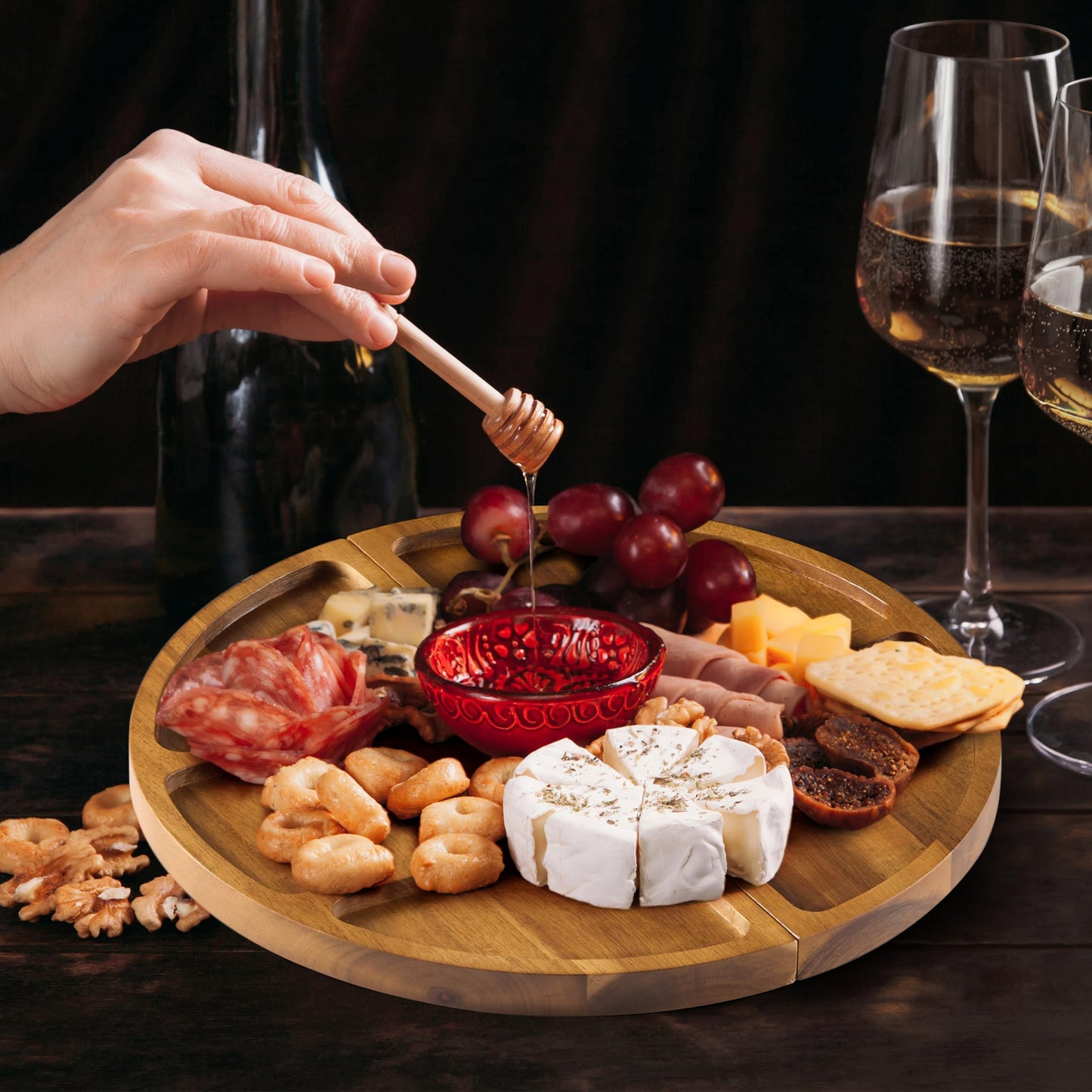 NAGAWOOD Extra Large Charcuterie Boards, 30'' x 13'' Acacia Cheese Board 3 Part Magnetic Long & Round Boards with Knive Set, Wine Opener & Cheese Marker, Unique Serving Tray for Birthday, Wedding Gift