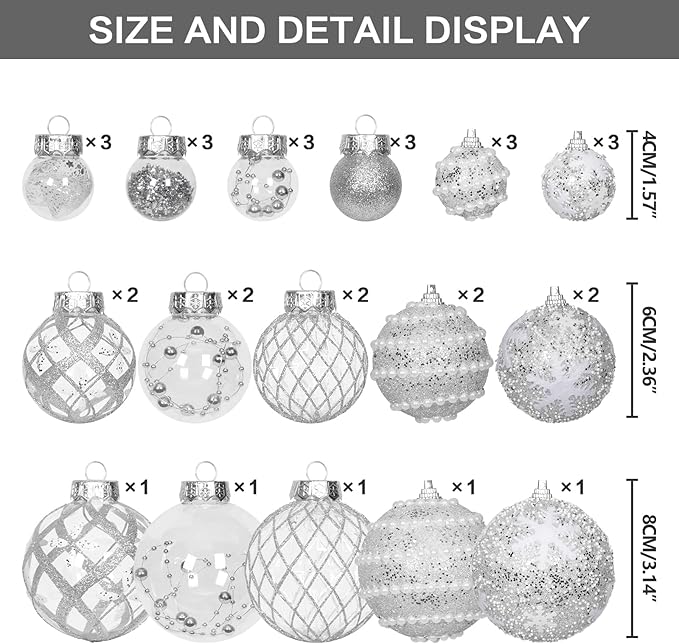 Super Holiday Christmas Ball Ornaments, 33PCS Silver Clear Shatterproof Plastic Foam Ornaments Set for Hanging Xmas Tree Holiday Thanksgiving Party Decor.