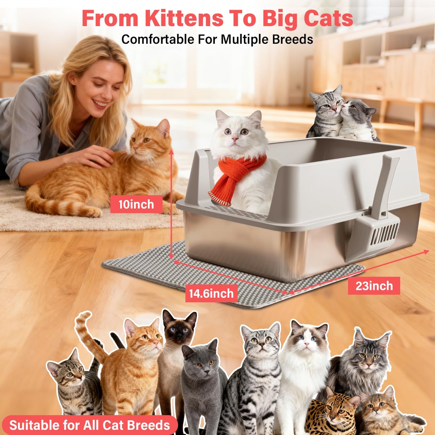 Stainless Steel Cat Litter Box, Extra Large XL Metal Litter Box with High Sides Lid, Never Absorbs Odors, Anti-Urine Leakage, Non-Sticky, Include Littter Mat & Scoop