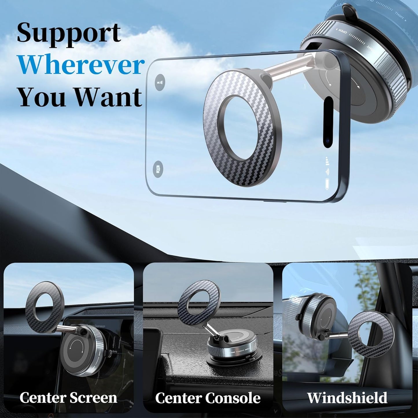 PlusAcc Vacuum Magnetic Phone Holder for Car - Suction Cup Phone Mount for MagSafe, 360° Rotatable Portable Strong Magnet Stand for iPhone 17/16/15/14/13 in Gym, Mirror, Smooth Surface, All Vehicles