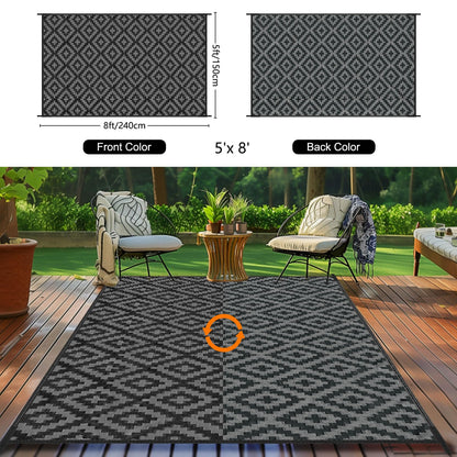 Outdoor Patio Plastic Straw Rug - 5x8 ft Outdoor Camping Rug Waterproof Reversible, Area Carpet Patios Clearance RV, Outside Porch Balcony Deck for Camper, Black & Grey