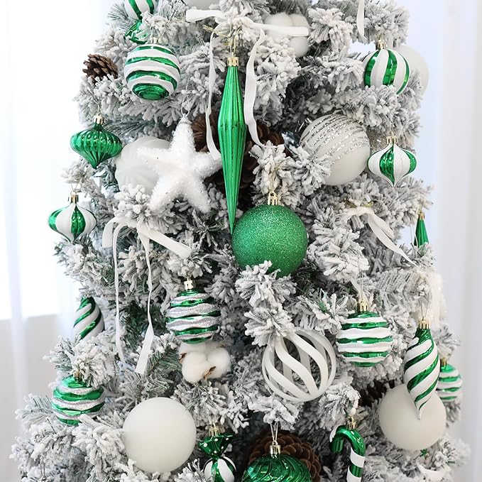 Christmas Ball Ornaments Set Shatterproof Christmas Tree Ornaments 24 PCS Painted Shaped Styles Xmas Tree for Holiday Decor,Green