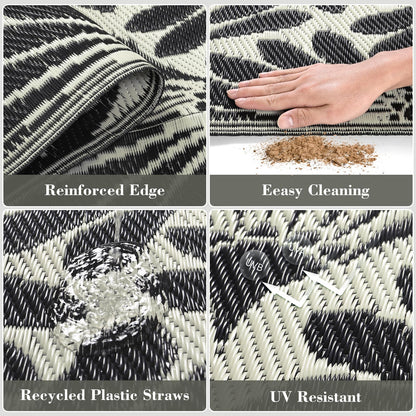 Lahome Outdoor Rug Patio Waterproof 6x9, Black Outdoor Plastic Straw Rug for Porch, Portable Lightweight Mats for Backyard Garden Deck Camping Outside, Black White,6'x9'