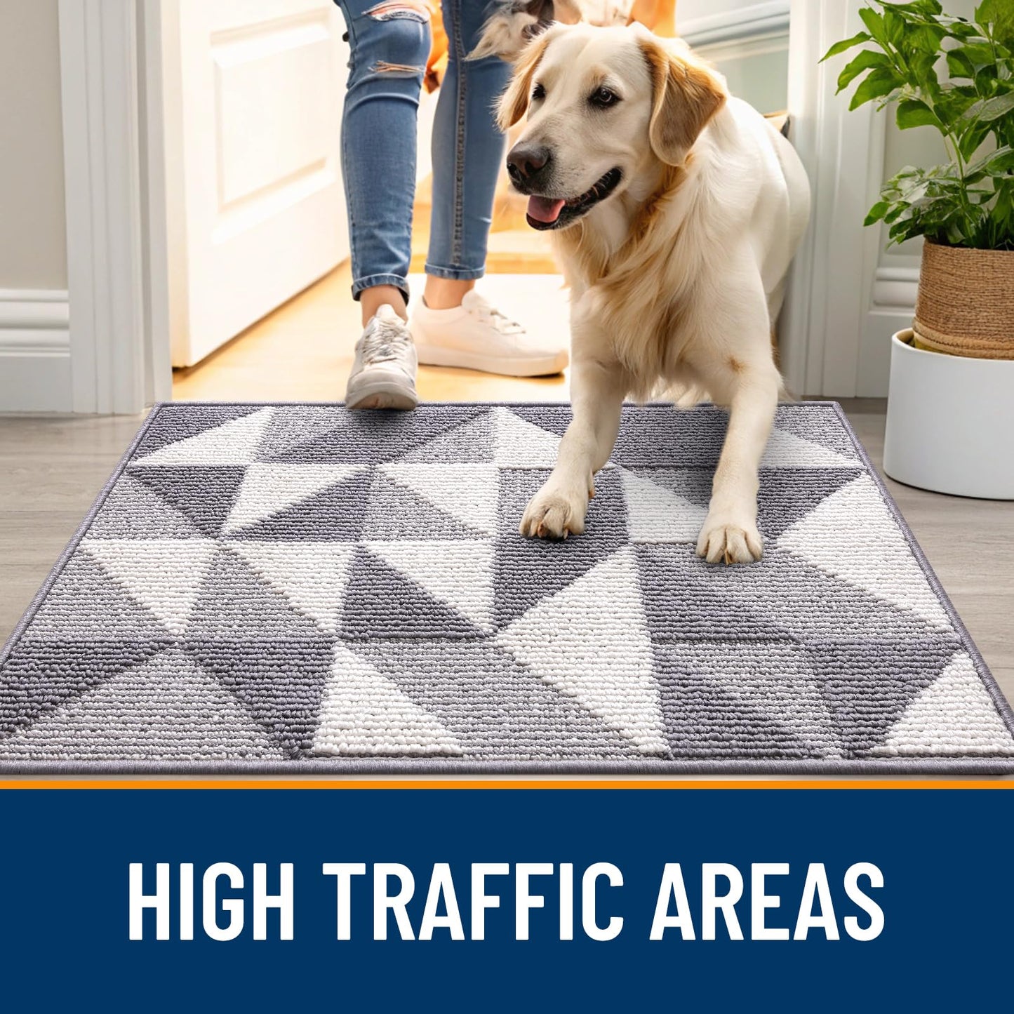 OLANLY Door Mat Indoor Entrance Washable 47x23, Odor-Free Low-Profile Front Back Geometric Doormat, Absorbent Resist Dirt Entry Carpet, Easy to Clean Sturdy Inside Floor Mats for Entryway, Grey