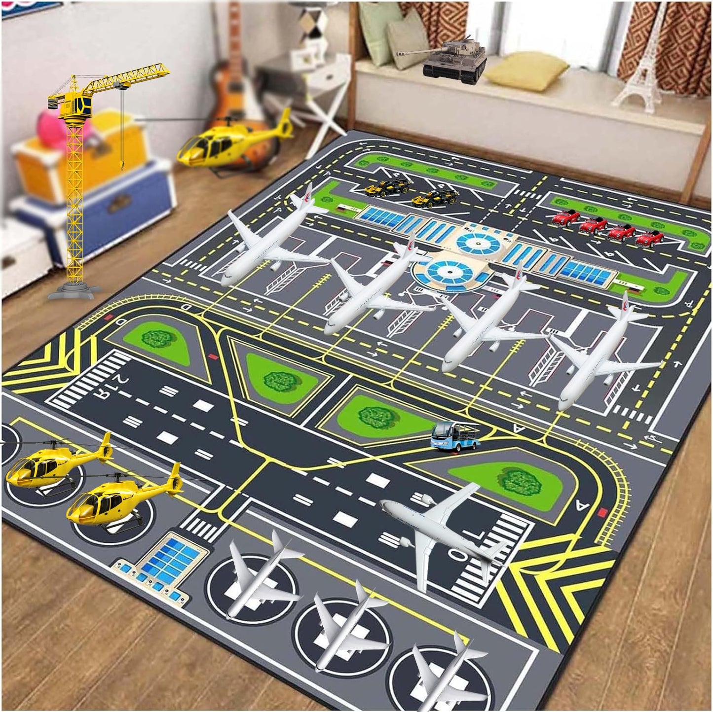 Xyrjova Play Rug for Kids Playroom 31''x47'' Airport Playmat Airplane Rug Airport Carpet with City Road Traffic System and Aircraft Runway，Non-Slip Washable Classroom Rugs Car Rugs Airports Mat