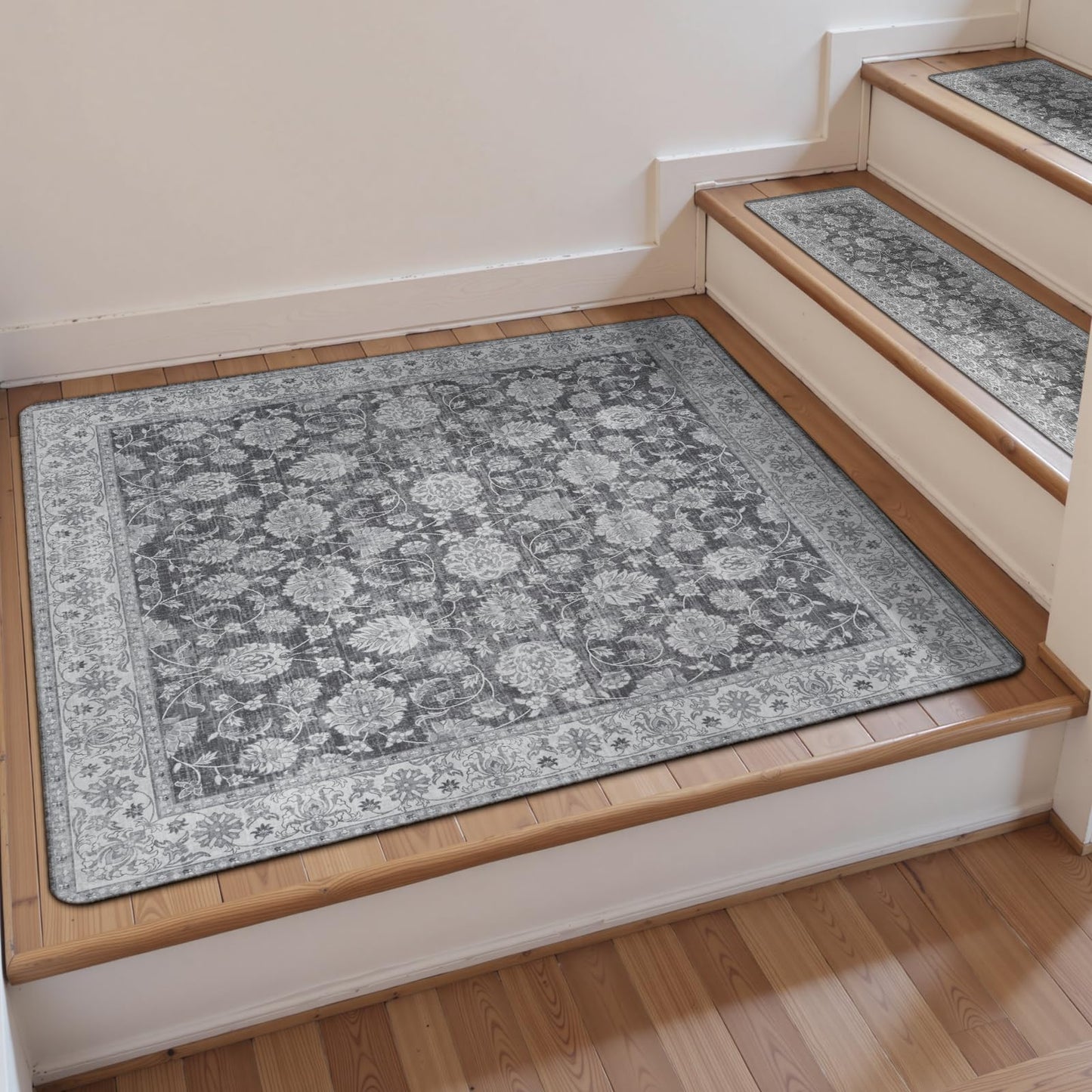 OJIA Non-Slip Stair Treads Matching Mat for Wooden Steps, Square Rubber Backing Anti-Slip Stair Carpet Landing Mat Stair Rugs 31x31 inch, Gray