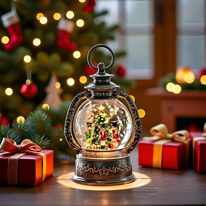 Christmas Snow Globe Lantern Water Glittering Nutcrackers with Music & Timer, USB Lined/Battery Operated Lighted Lantern for Christmas Festival Decoration Gifts