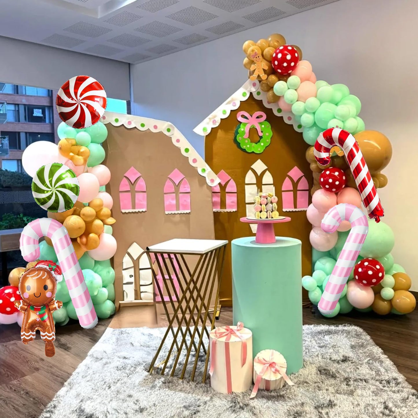 Gingerbread Balloon Arch Garland Kit, 126Pcs Pastel Pink Green Red Brown Christmas Balloon, Gingerbread Man Candy Cane Peppermint Foil Balloon for Christmas Xmas Cookie House New Year Party Decoration
