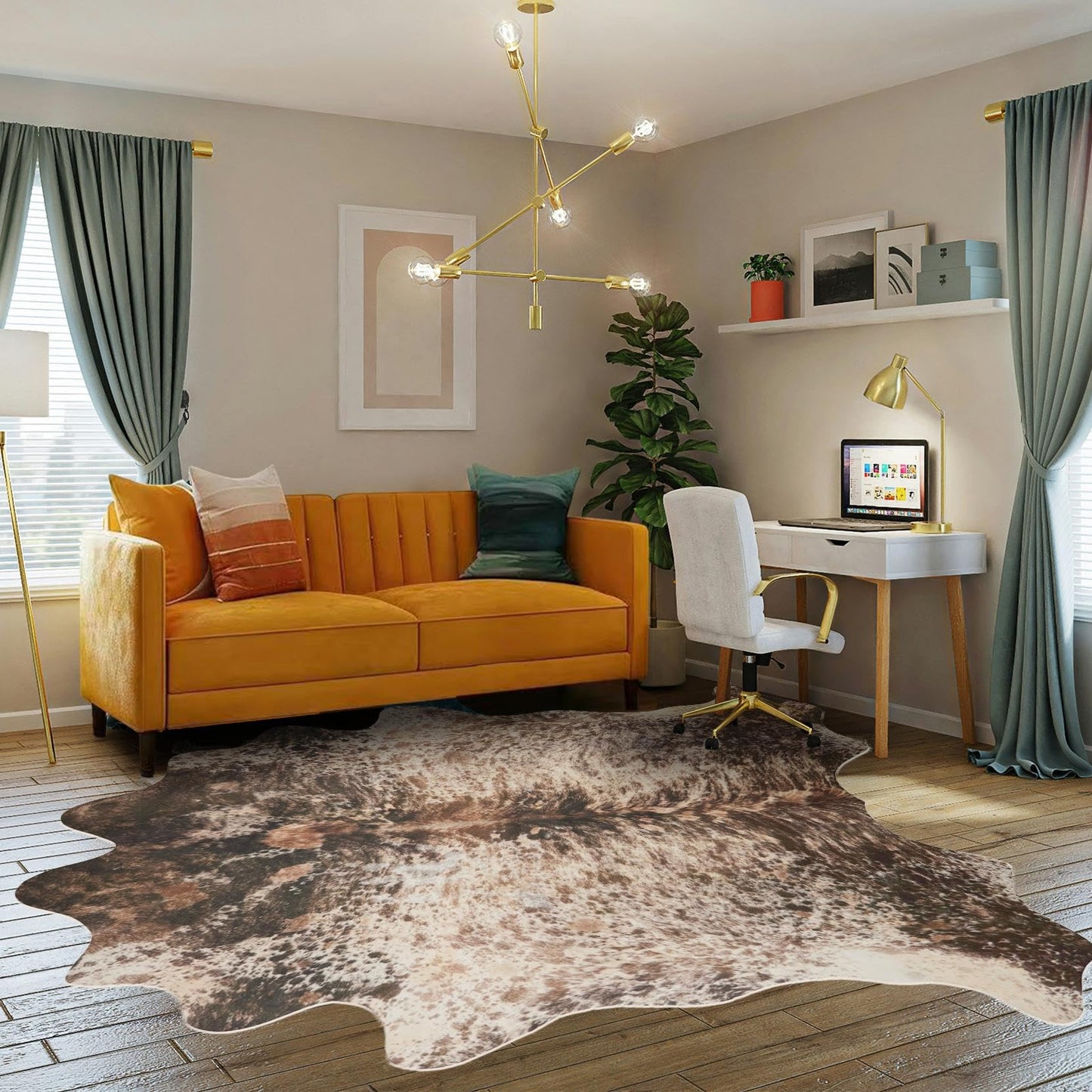 Guyekobe Brown Faux Cowhide Rug 4.6x5.2ft Washable Cowhide Rug No-Slip Animal Print Western Decor for Living Room Bedroom Kitchen Bathroom-No Fur