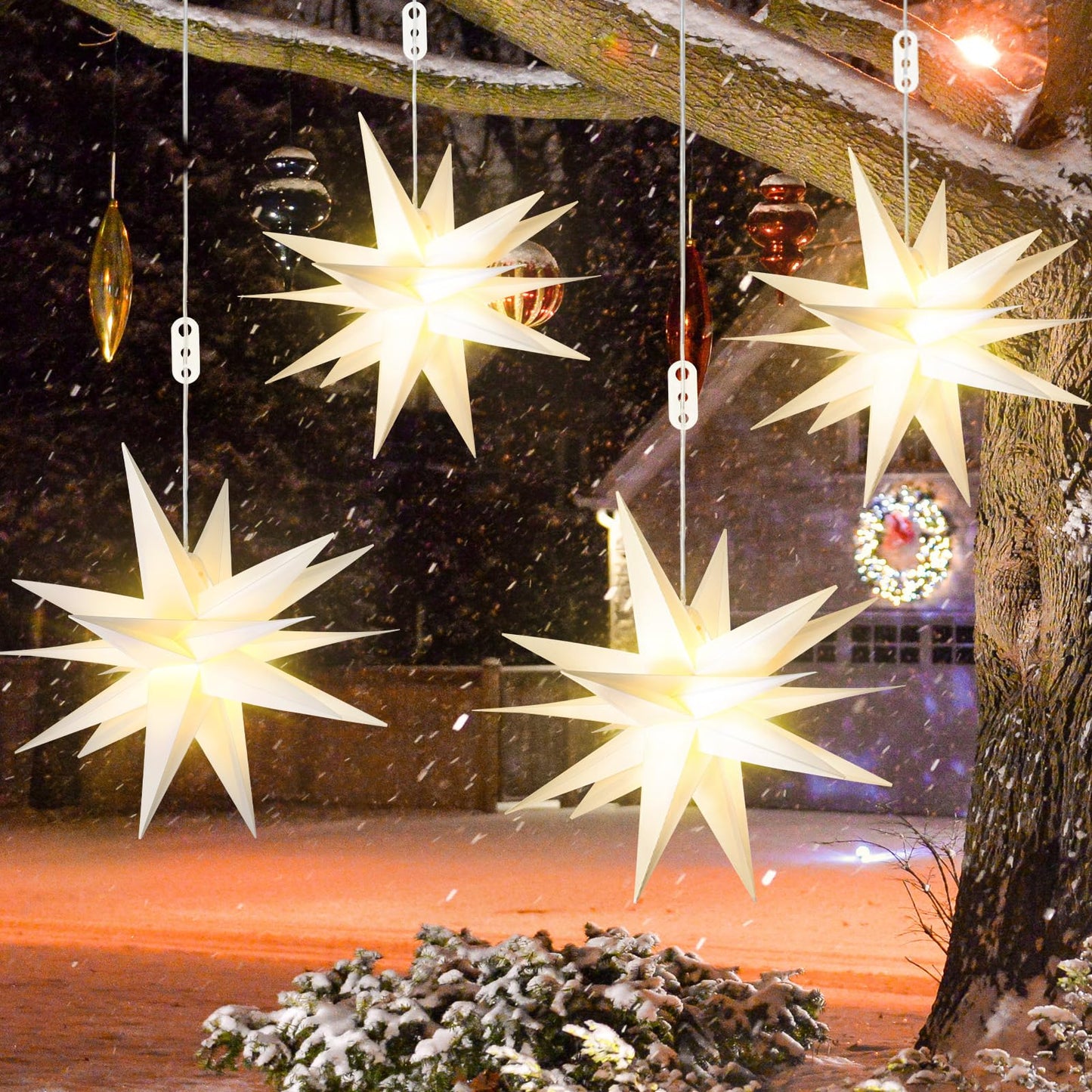 Kittmip 4 Pack Large LED Moravian Star Light Hanging Outdoor Christmas Warm White Porch Pendant Light Holiday Decoration for Christmas Trees Balconies Courtyards Advent Star (15.8''+19.7")
