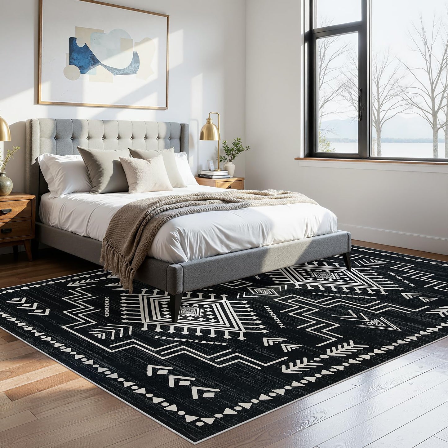 Joydeco Moroccan 5x7 Western Black and White Rugs for Living Room, Washable Soft Aztec Rug for Bedroom, Low Pile Distressed Modern Carpet for Dining Room Playroom Office Home Decor