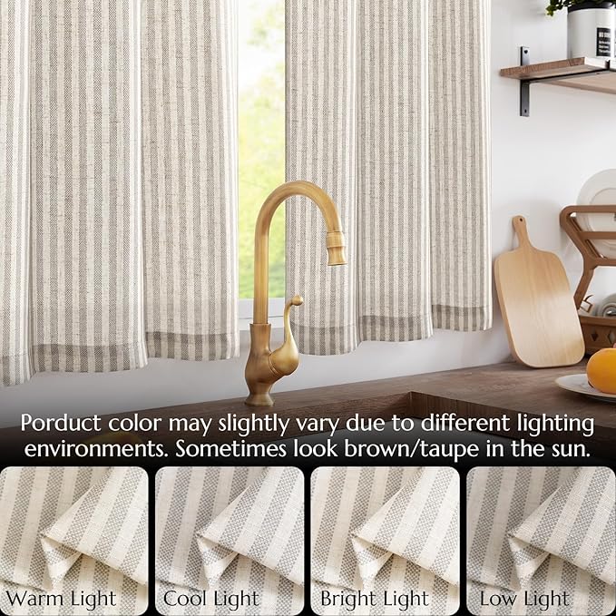 jinchan Tab Top Linen Kitchen Curtains 24 Inches Striped Tier Curtains Farmhouse Modern Cafe Style Small Window Treatments Airy Light Filtering Rod Pocket for Living Room Bathroom 2 Panels Taupe Grey