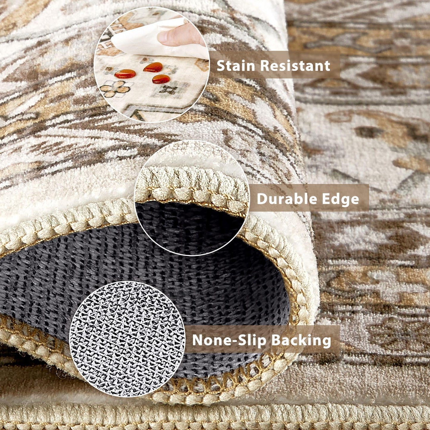 Vintage Hallway Runner Rug 3x8: Large Soft Washable Entryway for Kitchen Laundry Room Non-Slip Backing Runner for Entrance Living Room Bedroom Bathroom - Beige
