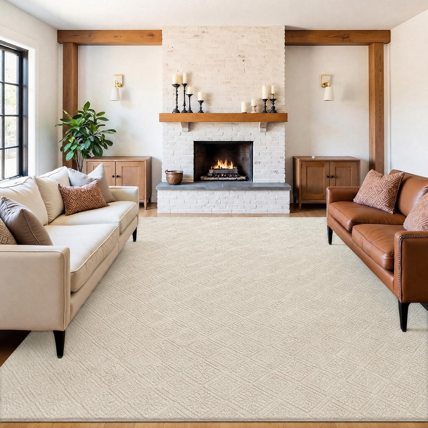 U'Artlines 9x12 Beige Washable Area Rug for Living Room, Soft Fluffy High Low Textured Carpet, Modern Neutral Geometric Non Slip Rugs for Bedroom Dining Room Kids Room