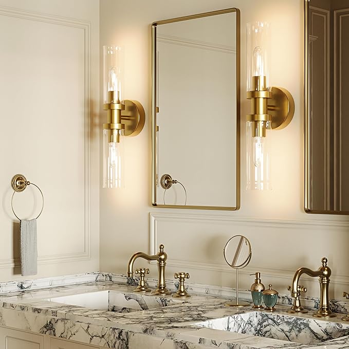 Wall Sconces Set of Two, ETL Certified, Gold Bathroom Wall Sconces with Clear Glass Modern Hardwired Wall Light fixtures for Bathroom Mirror Living Room Entryway Hallway(Bulbs Not Include)