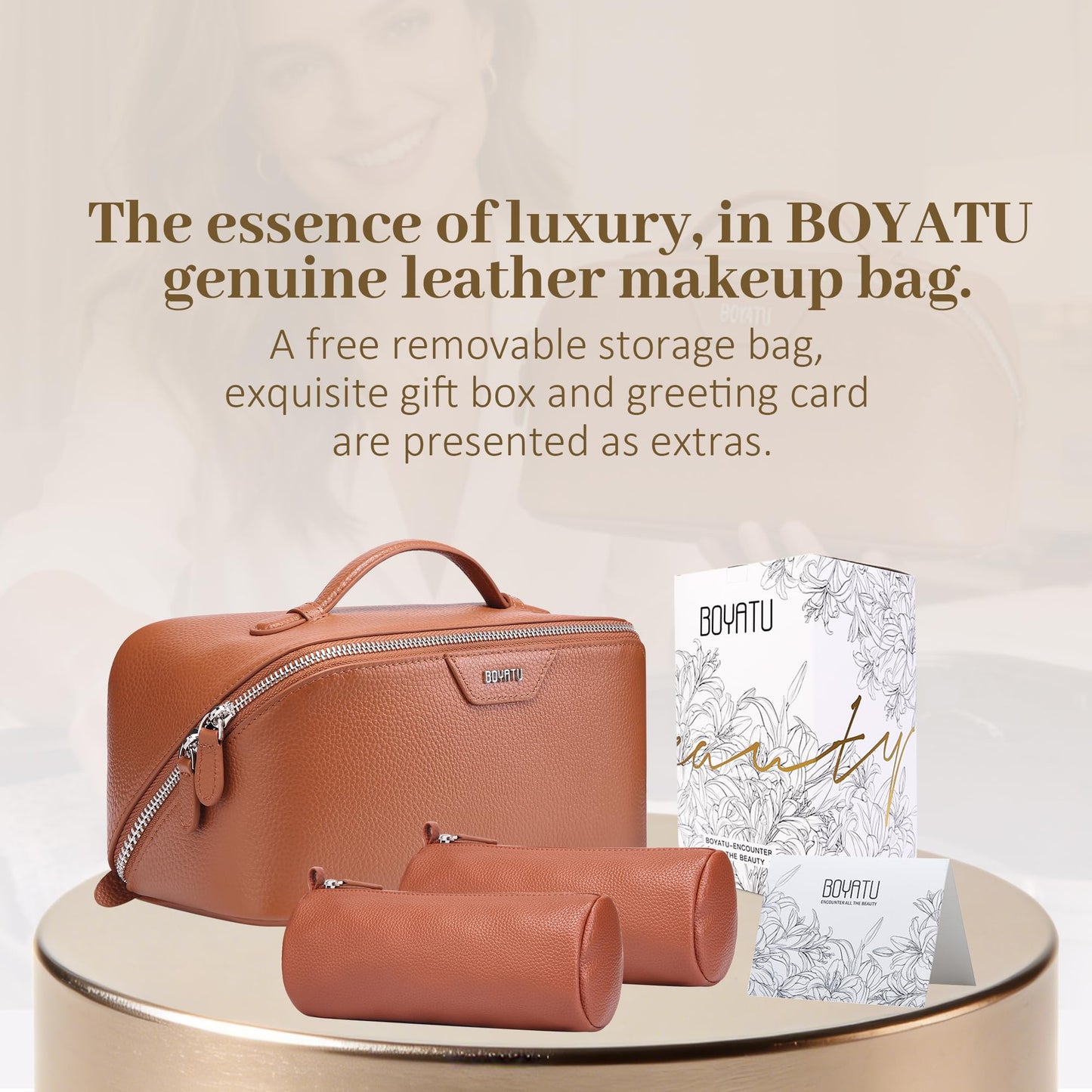 BOYATU Genuine Leather Travel Makeup Bag: Large Capacity 3 Pcs Set Cosmetic Bags for Women - Designer Waterproof Hand-made for Toiletry Organizer - Ladies Travel Essentials for Elegance (01Brown)