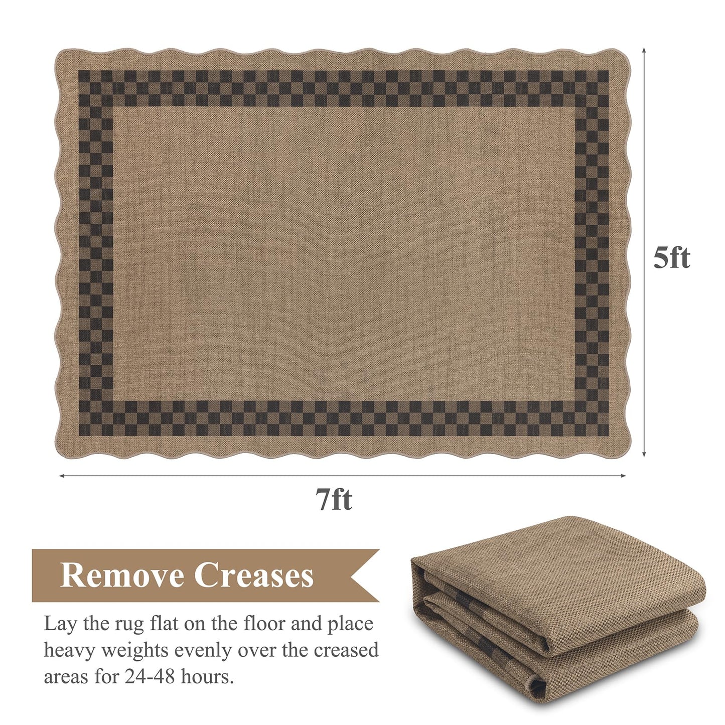 U'Artlines Easy Jute Checkered Area Rug 5x7, Washable Non Slip Indoor Outdoor Rug, Low Pile Non Shedding Farmhouse Carpet for Entryway Patio Backyard Kitchen Living Room Bedroom (Checked)