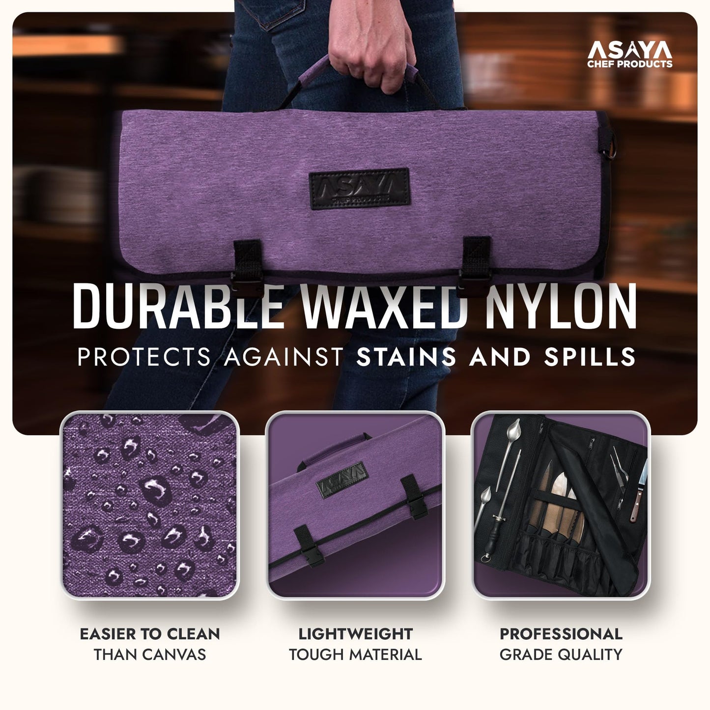 Asaya Waxed Nylon Chef Knife Roll Bag with 20 Slots and Zippered Pockets - Professional Chef Knife Bag & Storage Case, Tool Carrier with Shoulder Strap - Knives Not Included (Purple)