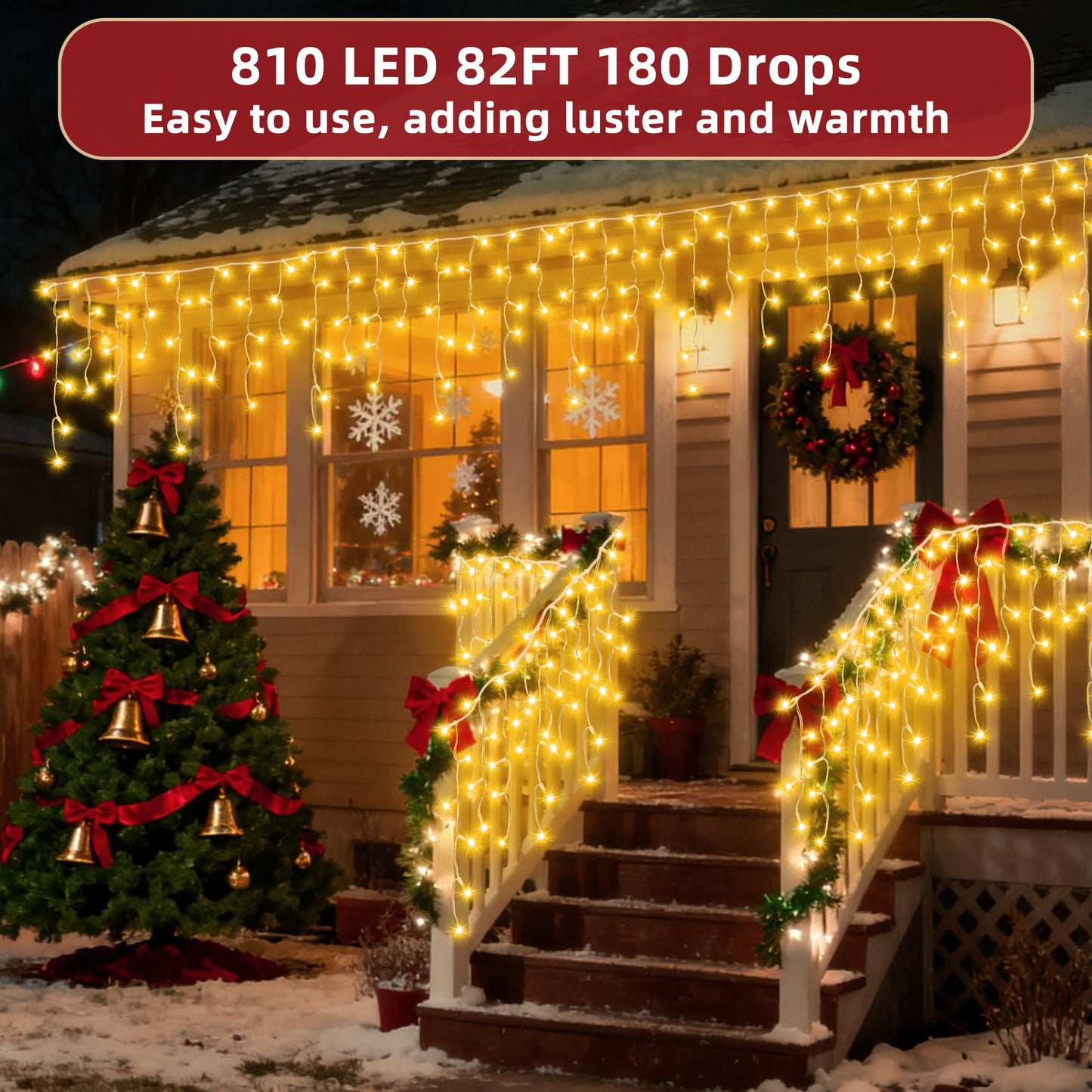 810 LED Christmas Lights Outdoor 82FT with 180 Drops, Christmas Decorations Hanging Lights 12 Modes, Dimmable Outsite Fairy String Lights for Wedding Party Holiday Winter Wonderland Decor Warm White