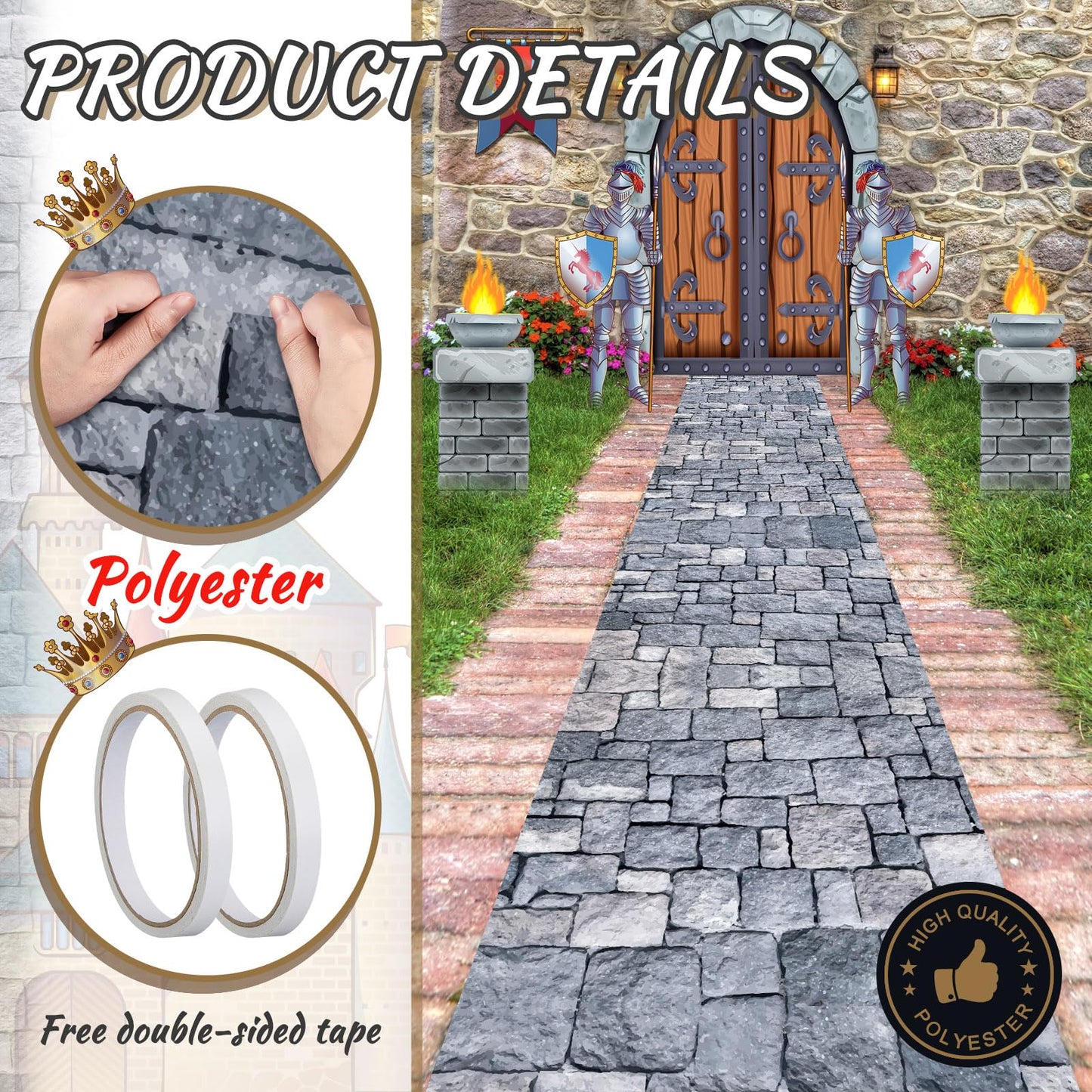 Fabbay 2 Pack 10ft Cobblestone Aisle Runners Medieval Party Decorations Polyester Brick Stone Printed Floor Runners for Medieval Castle Knight Themed Party Supplies Castle Table Cover