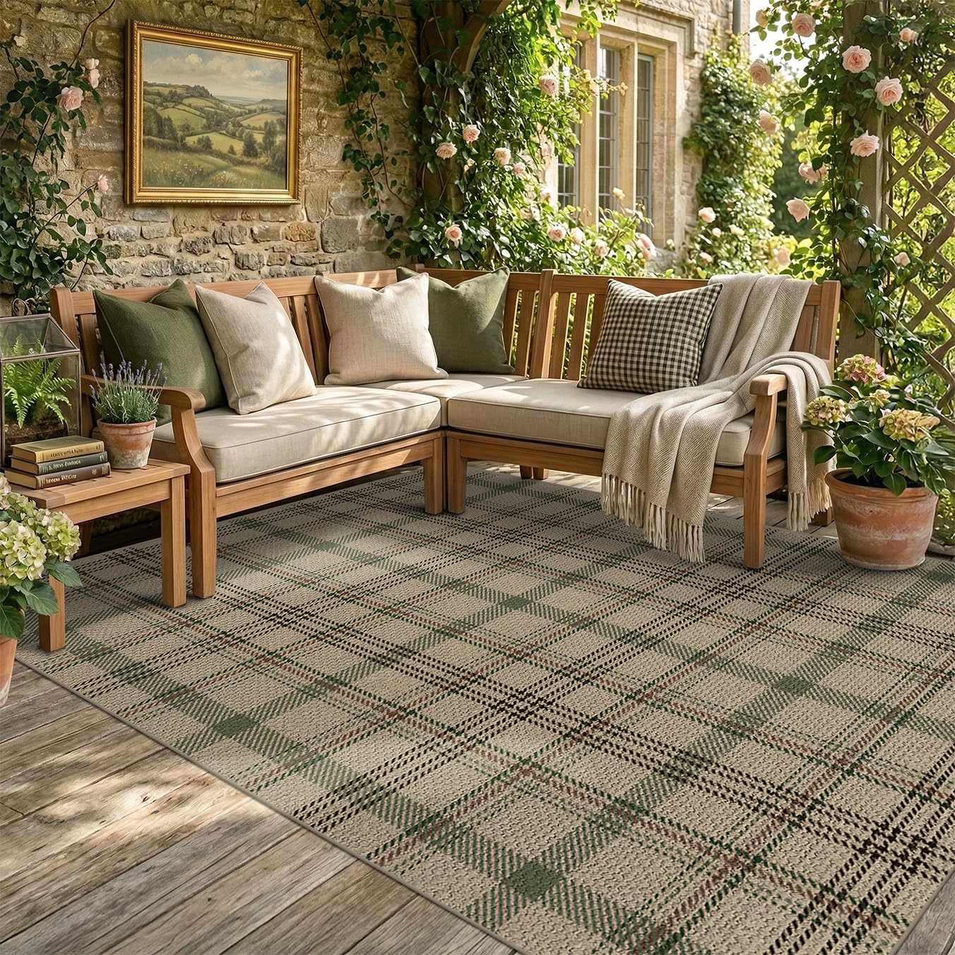JTJ 5x7 Plaid Area Rug for Living Room - Large Indoor Outdoor Rug for Porch, Bedroom Under Bed, Non Slip Modern Farmhouse, Easy Jute Washable Beige and Sage Green Striped Aesthetic Room Decor
