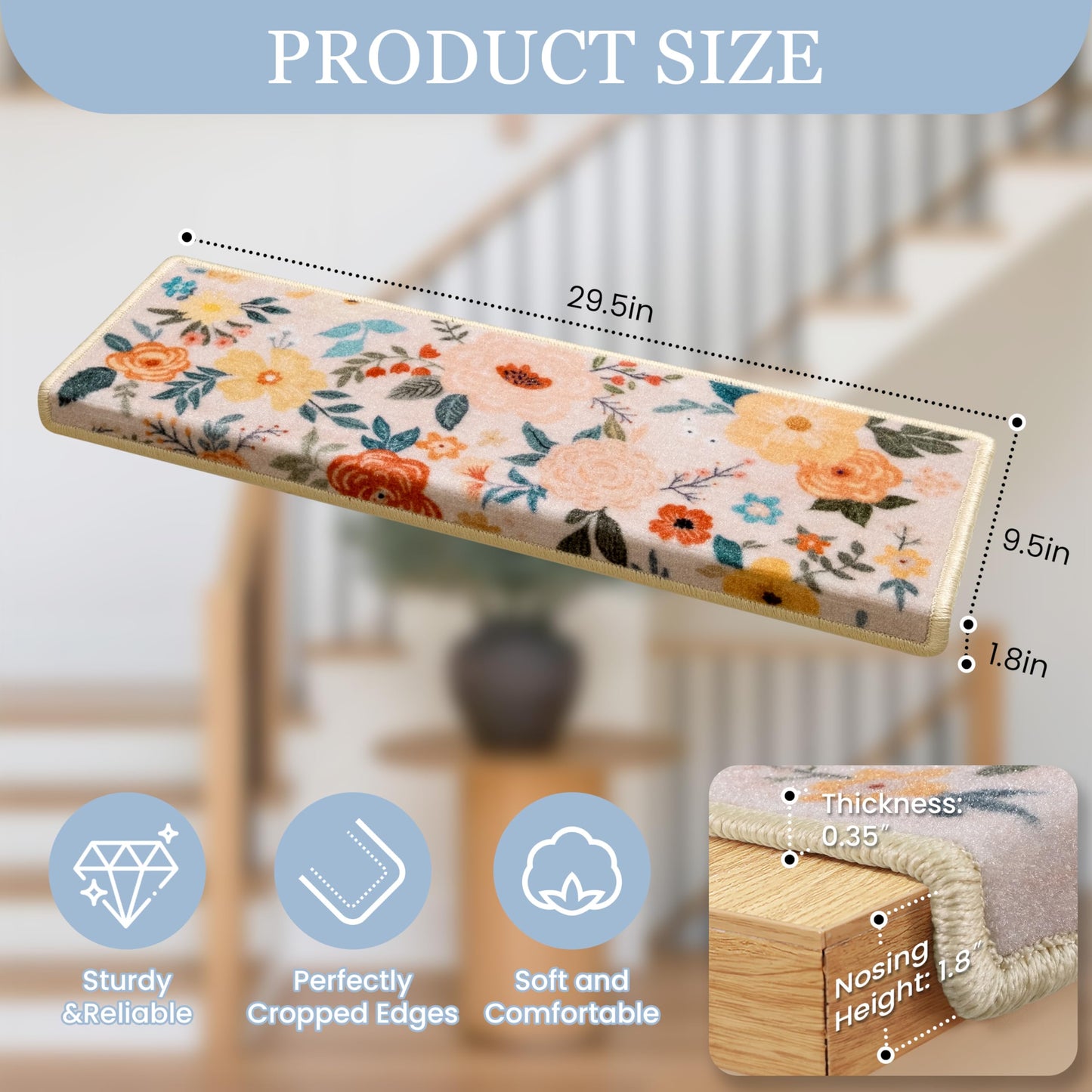 RORA Bullnose Stair Treads for Wooden Steps,Non-Slip Peel and Stick Stair treads Stair Carpet for Indoor Runner and Pets,Floral Stair Rugs,Soft Washable Staircase 7pcs 29.5 ''x9.5 ''x1.5 ''