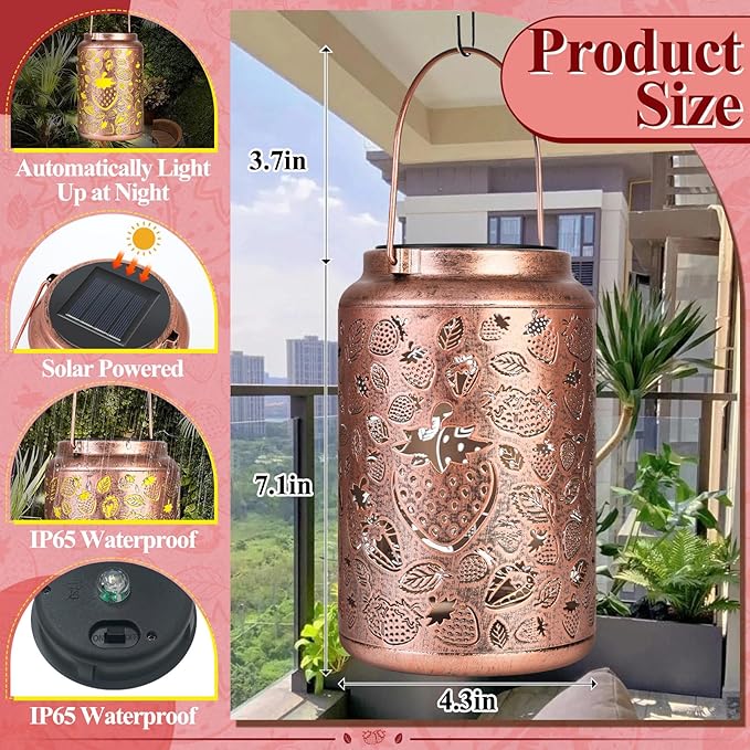 Solar Lanterns Outdoor Waterproof,Strawberry Hollowed-Out Metal Decor Lantern, Hanging Solar Lights Decoration Outside,Gifts for Women mom Memaw