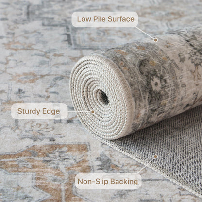 GENIMO 8x10 Area Rugs for Living Room, Machine Washable Non Slip Vintage Area Rugs, Low Pile Lightweight Print Rug for Bedroom, Dining Room, Home Office, Light Taupe Brown