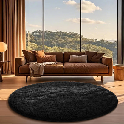 Ophanie Round Rug 6Ft Black Circle Area Rug, Room Decor for Men, Fluffy Fuzzy Bedroom Carpet, Plush Soft Shaggy Living Room Rugs for Kids Home Aesthetic, Nursery