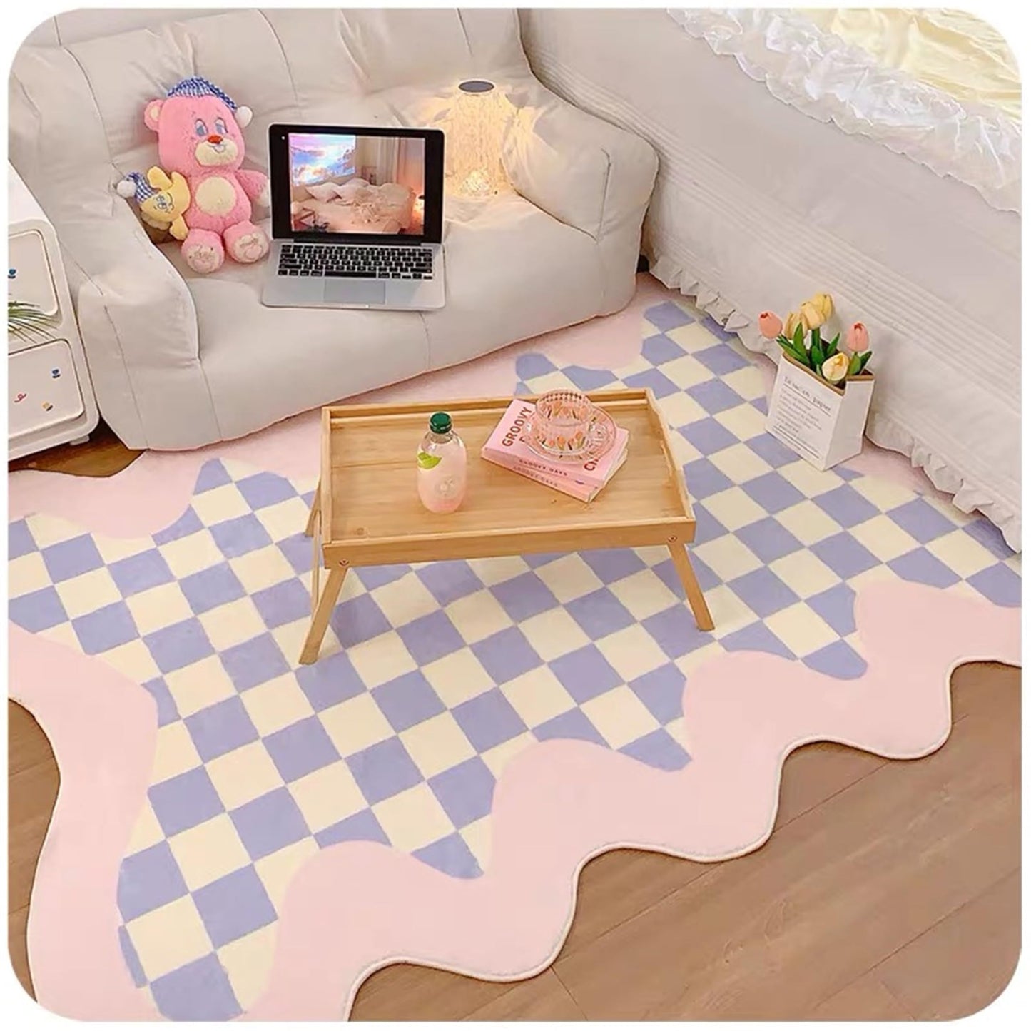 Houient Purple Irregular Area Rug,A Modern Simple Decorative Carpet Printed with Purple White Checkerboard Patterns, Large Area Non-Slip Special-Shaped Wavy Floor Mats for Living Room (4, 4x6)
