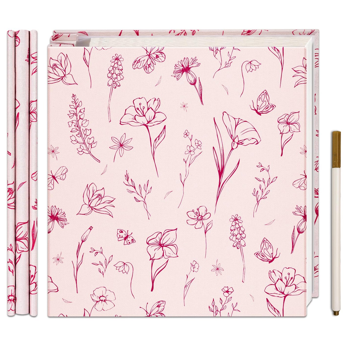 Vienrose Self Adhesive Photo Album for 4X6 8X10 Pictures, Linen Cover Scrapbook Pink Flower Printed Memory Book, 40 Blank Pages with A Metallic Pen for Baby Family Graduation Wedding Memories