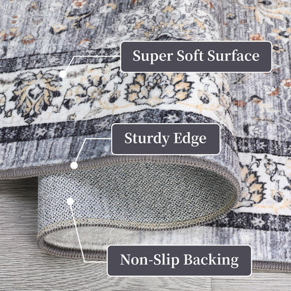 GarveeHome Washable Vintage Boho Floral Gray Rug - 5'x7' Soft Faux Wool Low Pile Stain Resistant Carpet for Living Room, Bedroom, Office, Nursery, Dining Room