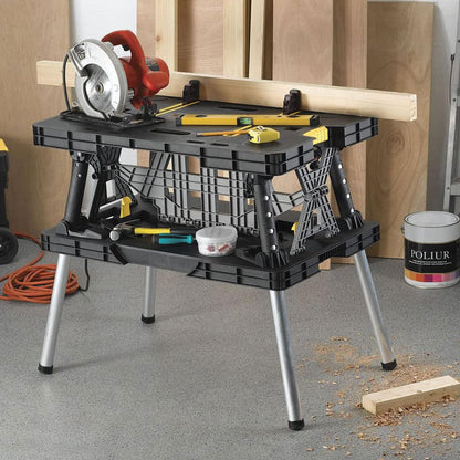 Keter Folding Work Table, Portable Workbench w/ 12" Clamps for Garage/Wood Shop - Heavy-Duty and All-Weather for DIY Home Improvements and Worksites