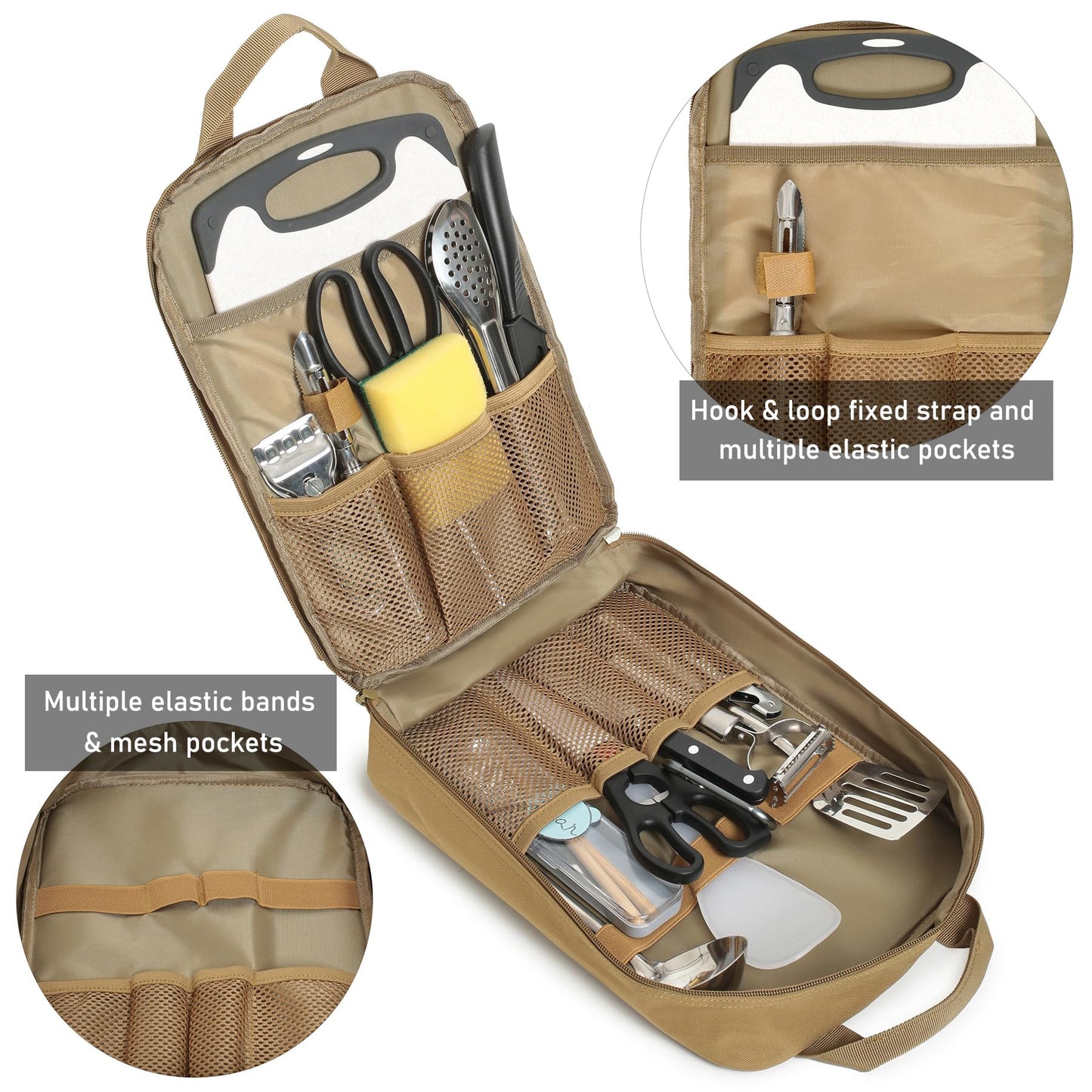 Lemubeane Tactical Camp Kitchen Organizer Camping Cooking Utensils Bag for BBQ, Picnic, Travel & Hiking (Khaki)