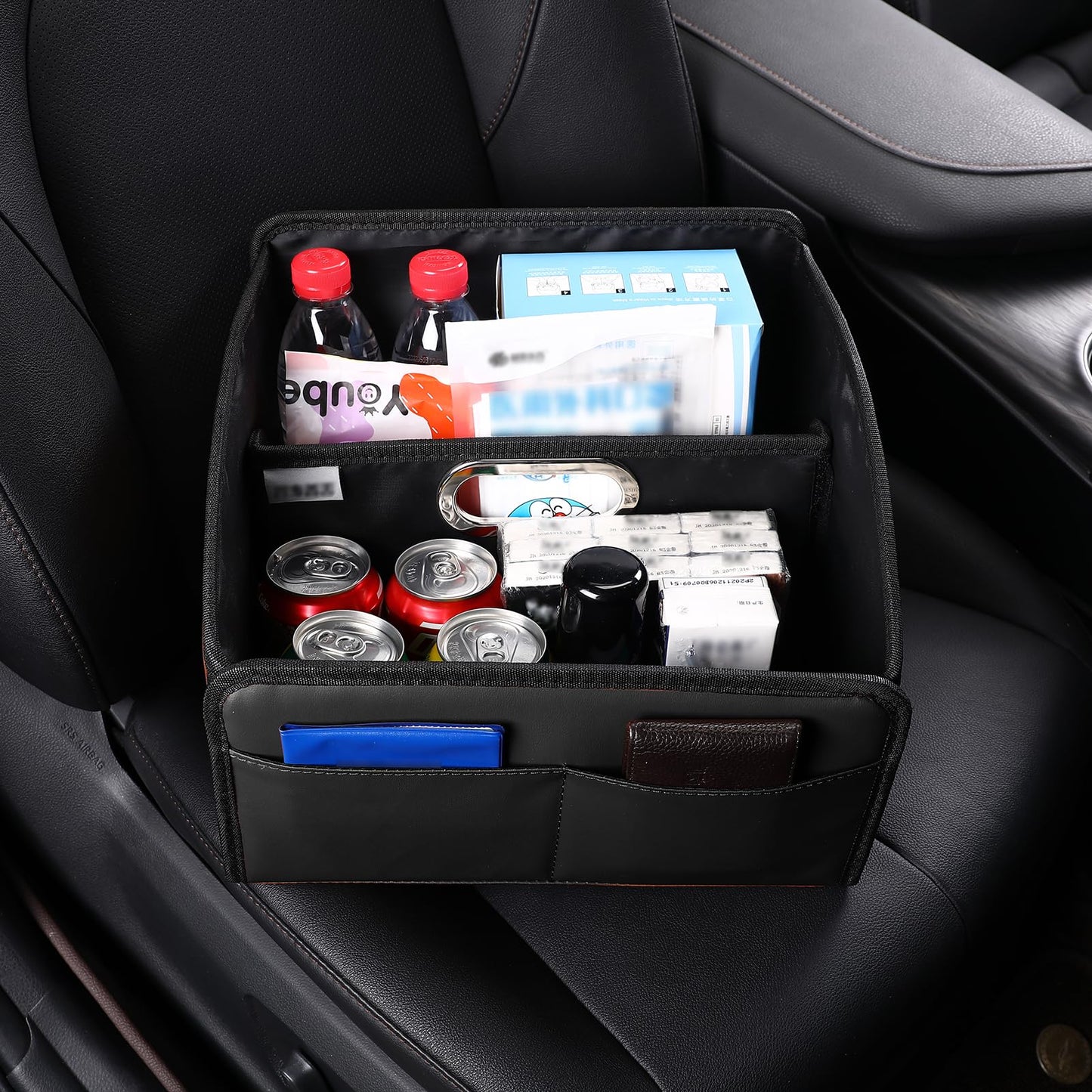 Uplien Car Storage Organizer [2025 UPDATED] Leather Car Caddy Basket for Front Seat Floor Back Seats Metal Handle 6 Compartments Adjustable Strap Buckles Slip-Resistant (Black)