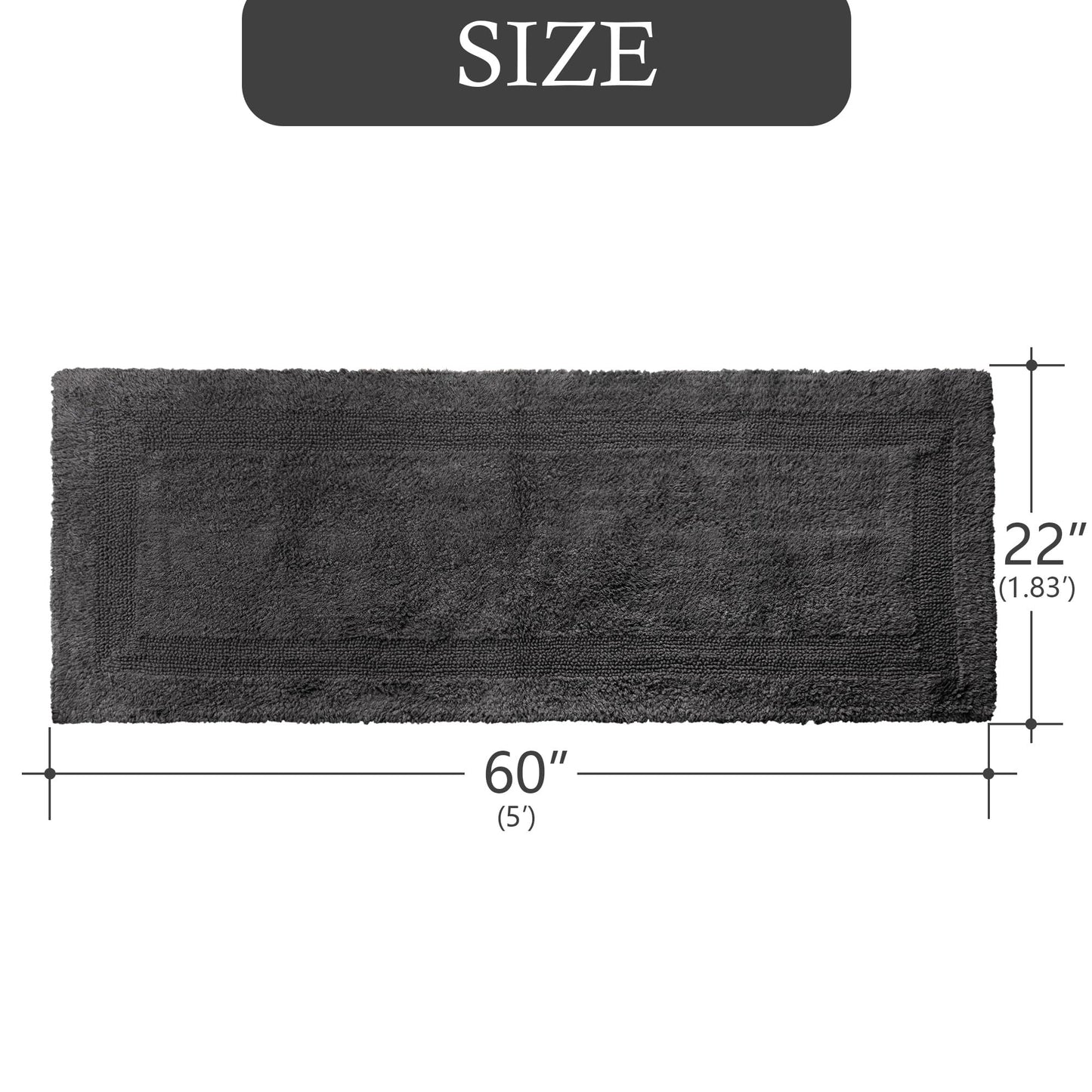 Barossa Design Reversible Cotton Bathroom Runner Rug - 22 x 60 Inch Long Bath Mat Washable & Soft Absorbent, Large Bath Rug for Bathroom Floor, Double Sink Vanity - Charcoal, 22x60 XL