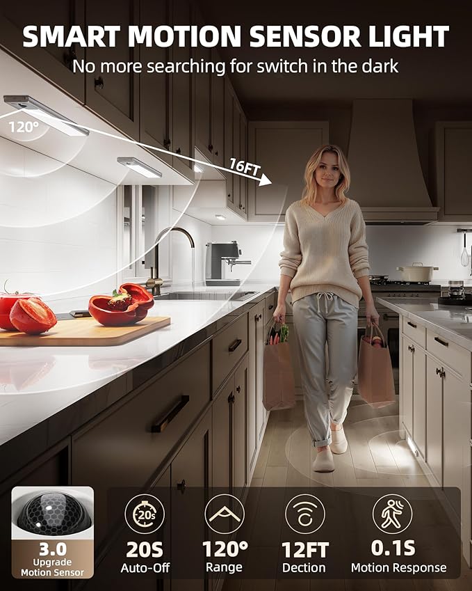 EZVALO 3 Pack Under Cabinet Lighting, 2400mAh Rechargeable Motion Sensor Light, 10inch Magnetic Closet Lights with Dimmable & 3 Color Temps, Wireless Motion Activated Lights with Remote for Kitchen