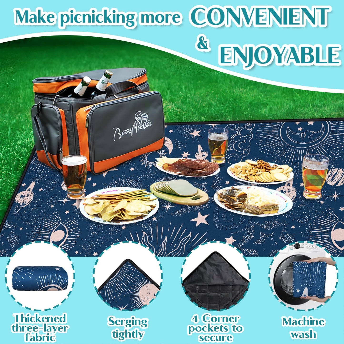 awufncksn Gothic Picnic Blankets Waterproof Foldable,60″X80″Thick Picnic Mat Blue Outdoor Blanket for Grass, Sun and Moon Beach Blanket Sandproof Picnic Accessories for Camping Party Travel Park Lawn