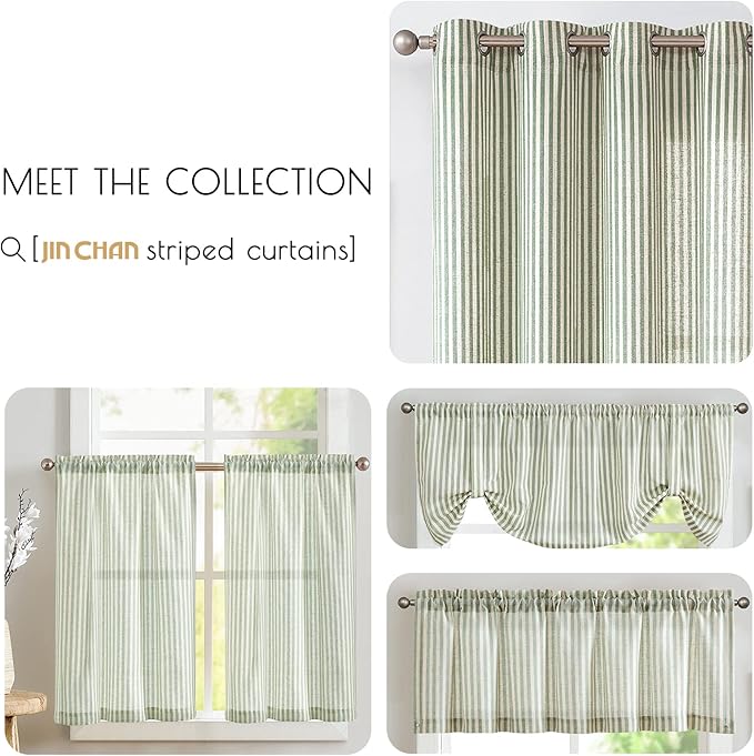 jinchan Tab Top Linen Kitchen Curtains 24 Inches Striped Tier Curtains Farmhouse Modern Cafe Style Small Window Treatments Airy Light Filtering Rod Pocket for Living Room Bathroom 2 Panels Sage Green