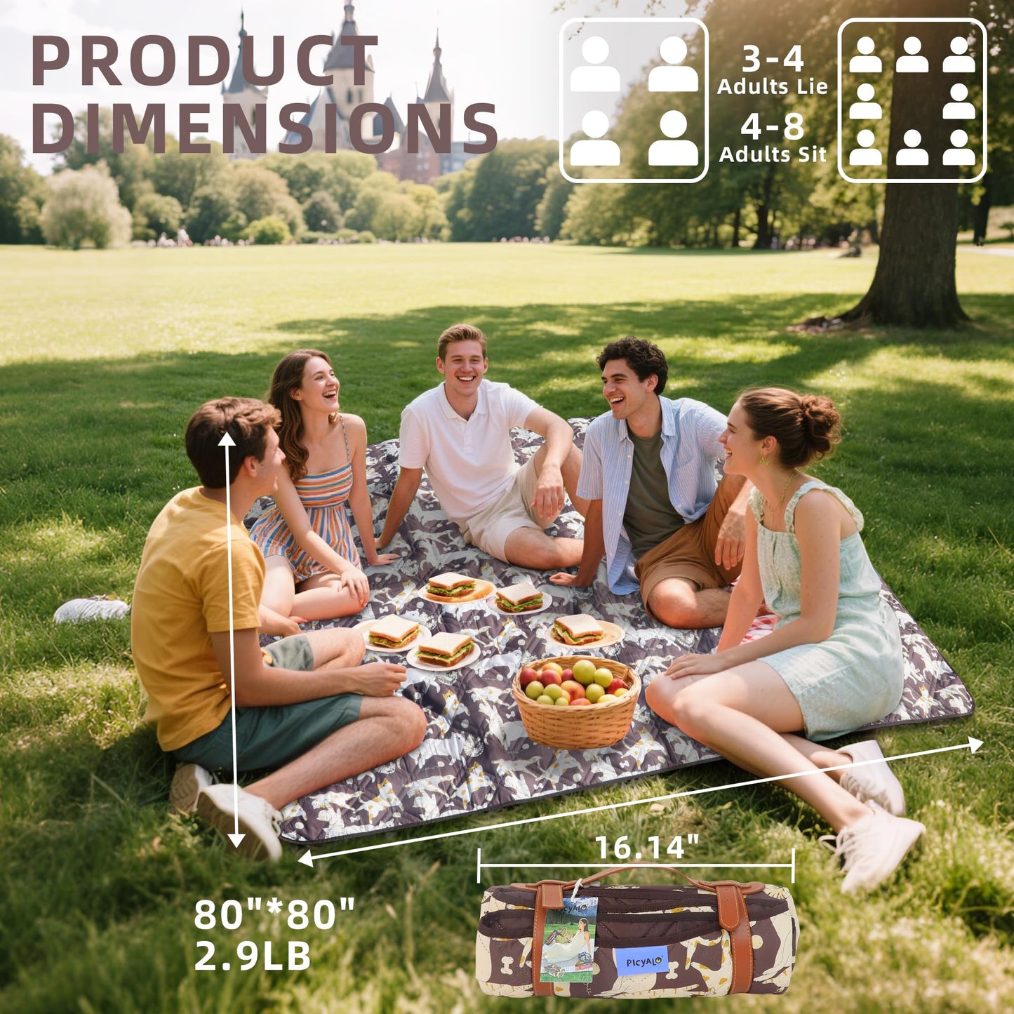 PICYALO Double Thickened Picnic Blanket, 80x80 Inches, White Fish Pattern, Cotton Filled, Portable Foldable with Leather Carry Strap, Beach and Camping