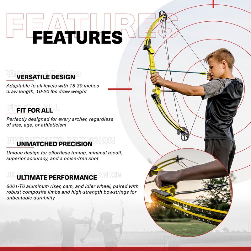 Genesis Original Compound Bow & Arrow Kit- Adjustable Riser, 15"-30" Draw Length, 10-20 lb Draw Weight, All Skill Levels, Draw Hand - Left, Yellow